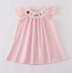 Boutique Back to School Apple School Bus Girls Pink Embroidered Smocked Dress