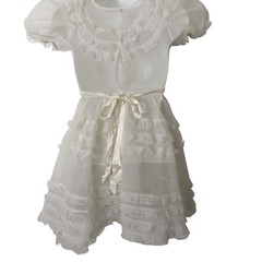 Girls Vintage Party Circle Dress Sheer White Chiffon Ruffled Lace Trim Size 7