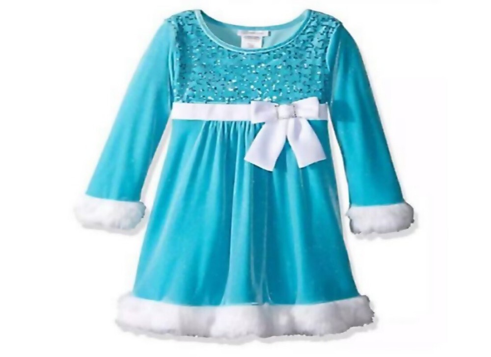 Bonnie Baby Christmas Aqua Blue Sparkle Sequin Velvet Santa Dress, 12M