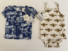 NWT KATE QUINN 6-12 Mo Tank Bodysuit Cumin Bee & Scoop Neck Top Blue Jungle