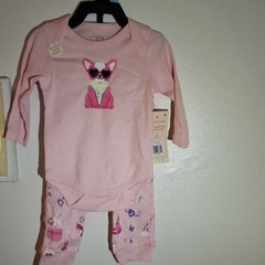 Paris Hilton Girls Pink 2pc Long Sleeve Animal Graphic Bodysuit Pants 3-6M