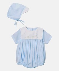 NWT Petit Ami Blue Pleated Train Romper Newborn Hat Baby Boys Bubble NB