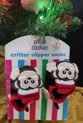 Okie Dokie critter slipper socks Christmas monkeys with santa hats 6-12 months