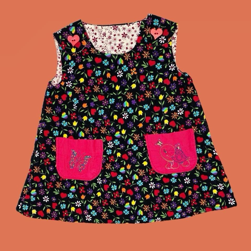 Girls Baby SZ (12-18M) Black Colorful Corduroy Heart Floral Embroidered Dress