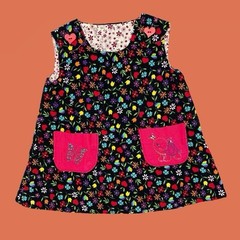 Girls Baby SZ (12-18M) Black Colorful Corduroy Heart Floral Embroidered Dress
