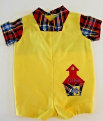 Vintage Infant Boy 3-12 mos 1-piece Short Play suit SCHOOL EUC Yellow & Plaid