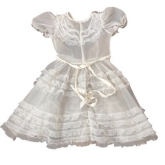 Girls Vintage Party Circle Dress Sheer White Chiffon Ruffled Lace Trim Size 7