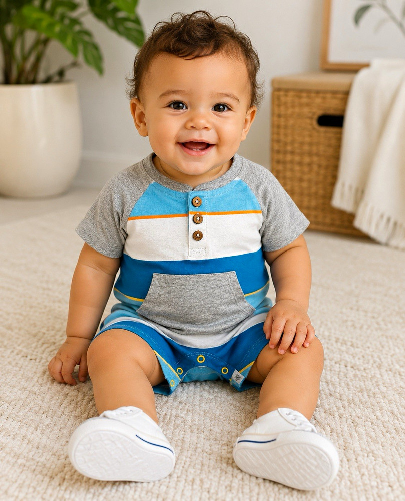 Burt’s Bees Baby 0-3M Striped Cotton Jersey Romper Henley Snap Pocket