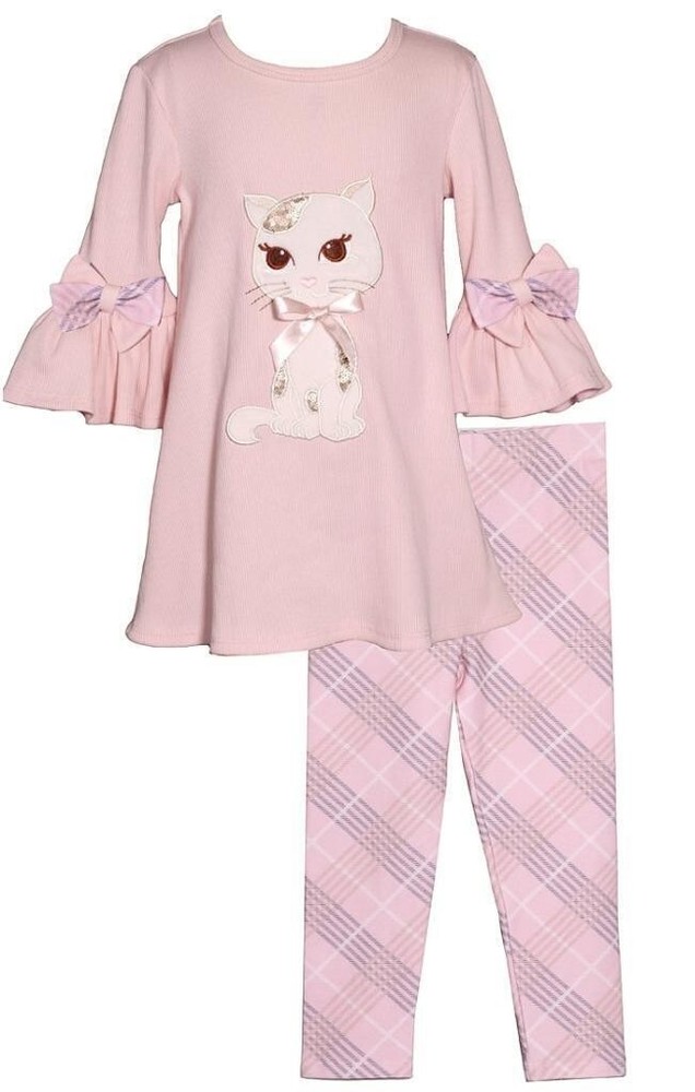 NWT Bonnie Jean Girls Pants Set Size 2T Pink Plaid Bows Bell Sleeve Cat Applique