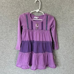 Naartjie Kids Dress Girls XS 3T Corduroy Purple Stripe Polka Dot Tiered Ruffle
