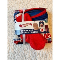Hot Wheels Toddler Boys 3pc Pajama Set Fleece Top Plaid Pants Cozy Socks Blue 4T