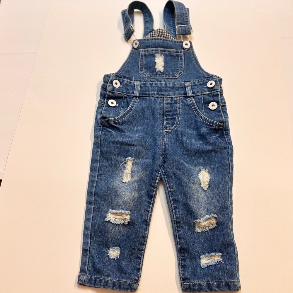 Denim Overalls Distressed Ripped Gingham Bib Pockets Adjustable Straps 18-24 M