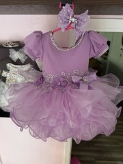 Purple Pageant Tulle Tutu Dress 9-12M Puff Sleeve Bow Rhinestone Button