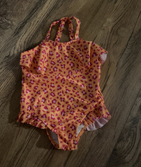 Wonder Nation Girls One-Piece Swimsuit Animal Print Ruffle Orange/Pink 2T