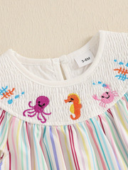 NEW Boutique Romper Stripes Smocked Girl Multi Color Ocean Beach Flutter Sleeves