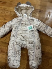 Baby Mickey Mouse Beige Puffer One-Piece Snowsuit