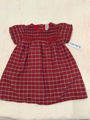 Carter’s Girls Red Plaid Smocked Puff Sleeve Dress 18M Round Neck Button