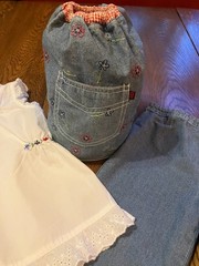 Vtg Gymboree Country Picnic denim capri pants white eyelet trim blouse purse 5