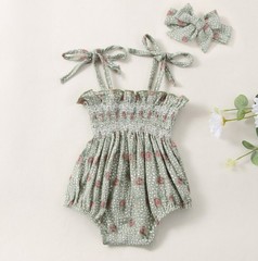 Laurenza’s Baby Girls Moss Floral Smocked Romper with Headband