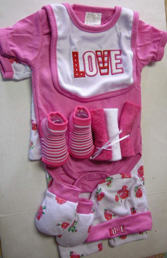 One-Piece Set, 10 Pieces, “Love” Floral Design, 0 3 Months, Girl, Pink & White