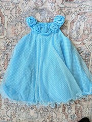 Jessica Ann Blue Polka-dot SHEER/LINED Taffeta SLEEVELESS DRESS 3T Flower Neck