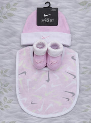 Nike Baby 3Pc Set Hat Bib Booties Pink White Gray Yellow 0-6M NWT