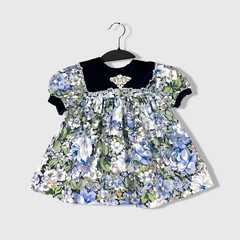 Unbranded Floral Dress Kids 18M Navy Blue Vintage Cottagecore Velvet Trim