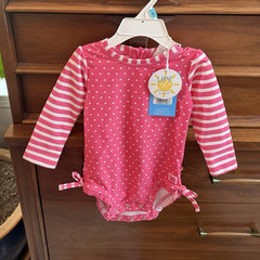 RuffleButts Girls One-Piece Long Sleeve UPF 50+ Pink White bathing suit 12-18M