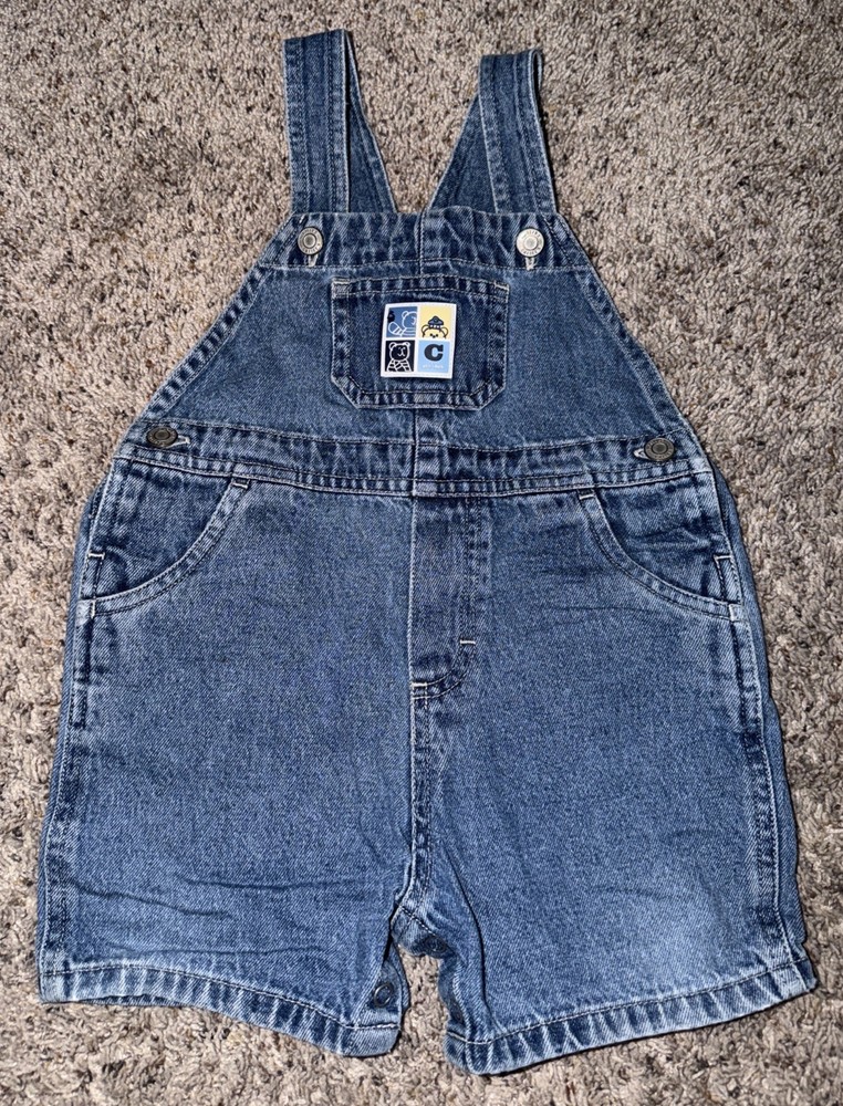 Carter’s Baby Boy Denim Short Overalls 18-24 M Blue Jean Bear Patch Y2K