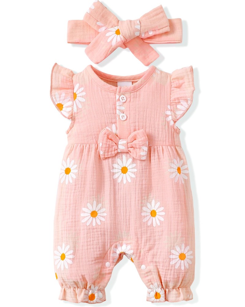 Renotemy Preemie Baby Girl Clothes Outfits Linen Preemie, Daisy Pink