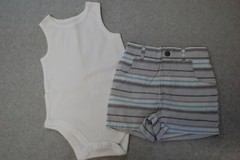 Baby Boys WHITE TANK TOP Bodysuit GRAY AQUA STRIPED SHORTS Woven, Pockets 12 MO