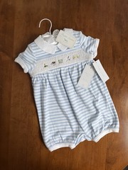 NWT $145 Ralph Lauren Baby Boy Smocked Romper Embroidered Striped Blue Golf 9M