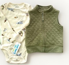 Carters NWT 0-3 Months baby Romper Bodysuit Green Zip Quilted Vest Set Animal