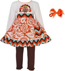 Ann Loren BNWT Girl’s Thanksgiving Outfit Chevron Turkey Dress Size 2-3