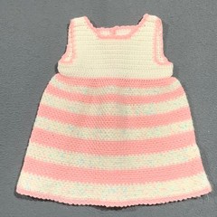 Handmade Crochet Baby Dress Pink White Striped Elephant Buttons Sleeveless Knit