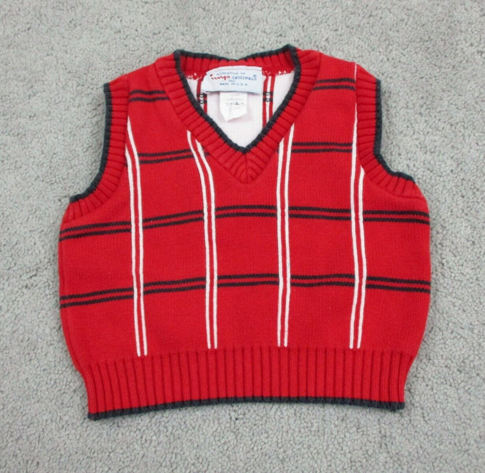 IMP Originals Sweater Vest Toddler Boy 18M Red Plaid V Neck 100% Cotton USA Made