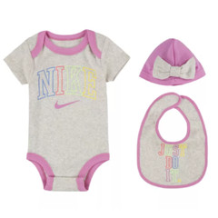 New Nike Baby Girls Bodysuit, Bib and Hat Gift Box, 3 Piece Set – Pick Color