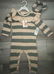 Baby Girls 18M Beige Green Striped Knit Ruffle Long Sleeve Romper