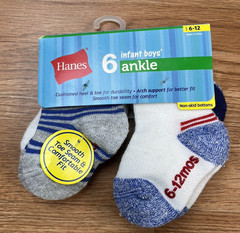 Hanes 6 Pack Infant Boys Ankle Socks Size 6-12 Months Non-Skid NEW