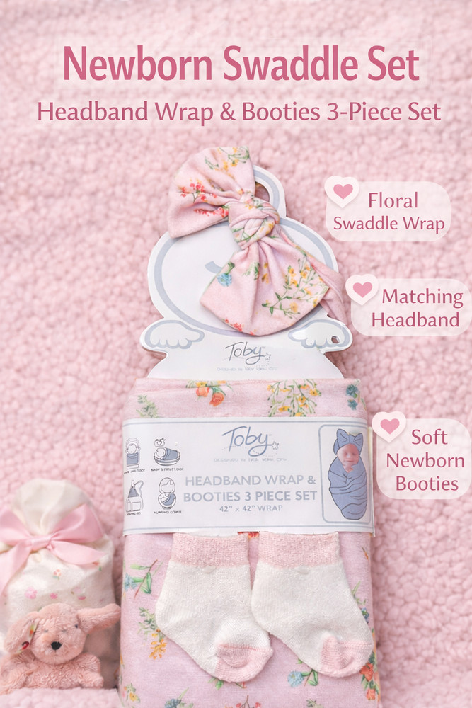 Newborn Baby Swaddle Set Floral Wrap + Headband + Booties Gift Set Girl Pink