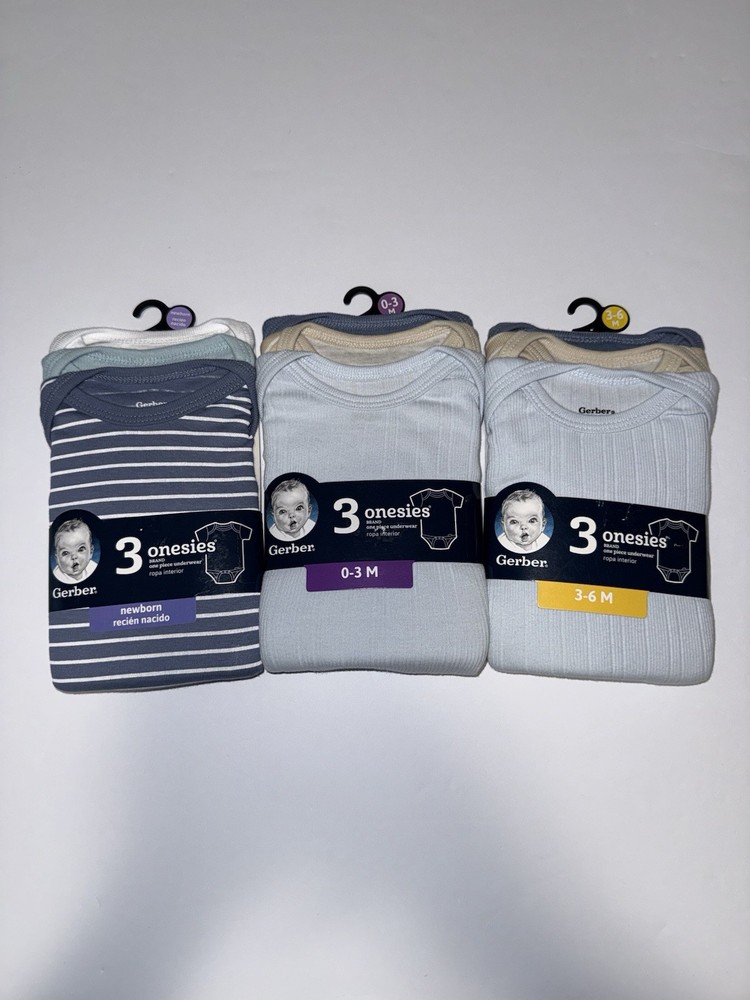 Gerber Baby 9 Onesies 3 Pack Ribbed Bodysuits Blue Beige Newborn 0-3M 3-6M NIP