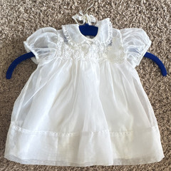 Vintage White Sheer Newborn Christening Dress Lace Collar Puff Sleeve