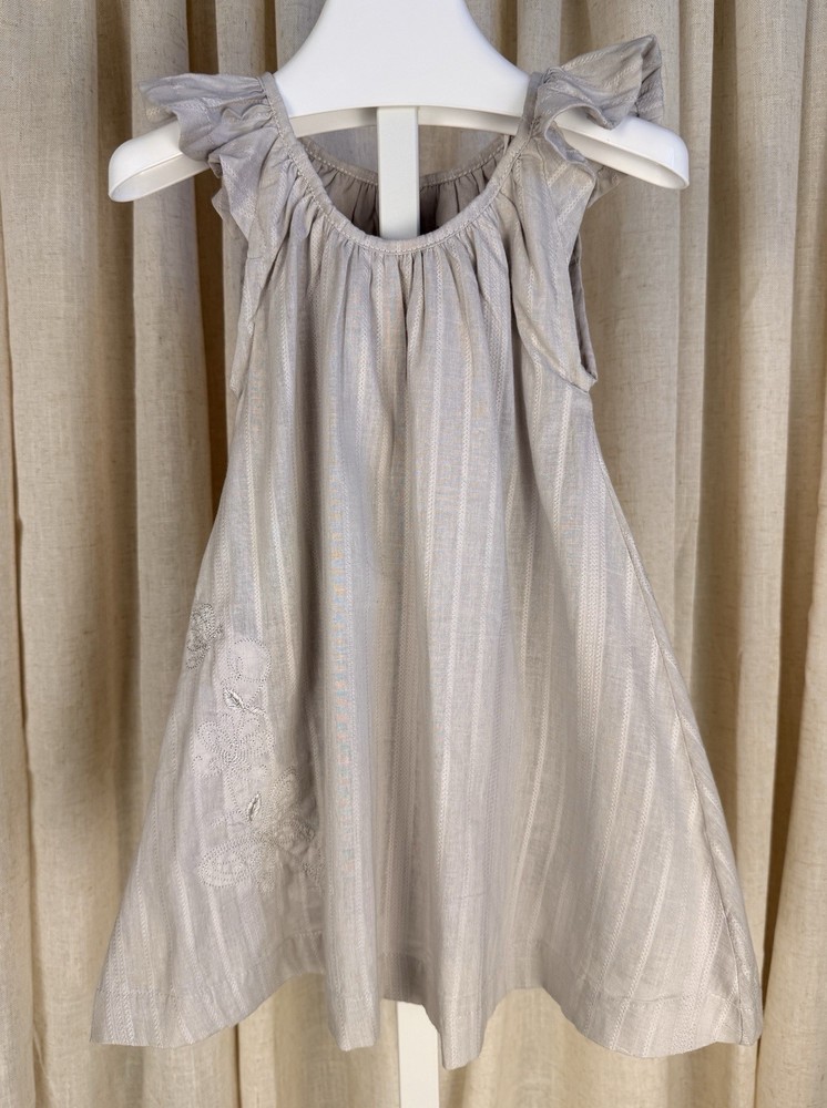 WHEAT Powdery Warm Grey Embroidered Stripe & Floral Fluttery Twirl Dress 3T NWT