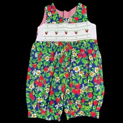 Sleeveless Bubble Romper Smock Embroider Strawberry Hand Made Baby Girl