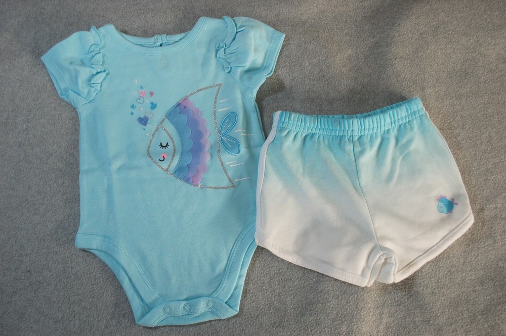Baby Girls Outfit BLUE S/S TOP Bodysuit FISH w/ CHIFFON FINS Ombre Shorts 6-9 MO