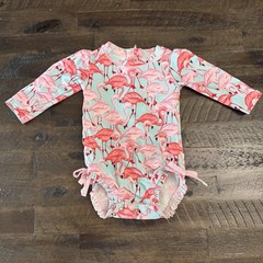 6-12m RuffleButts Baby Girls Flamingo One-Piece Long Sleeve Rash Guard Swimsuit