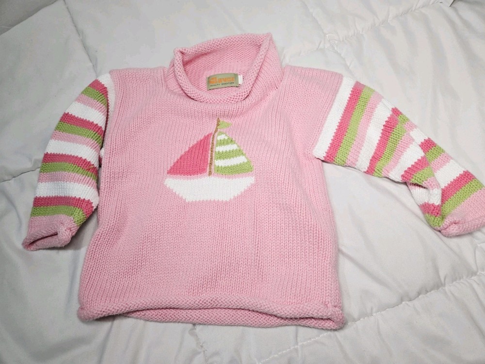 Claver Girls Roll Neck Sweater Pink Boat Bow Sz 2t 100% Cotton Coastal Sailboat
