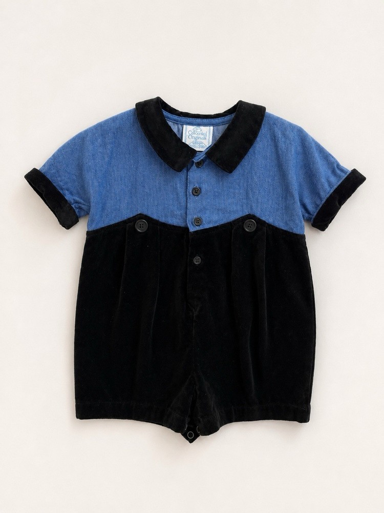 Vintage CottonTail Colorblock Velour Romper Blue/Black Collared Short Sleeve