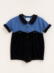 Vintage CottonTail Colorblock Velour Romper Blue/Black Collared Short Sleeve