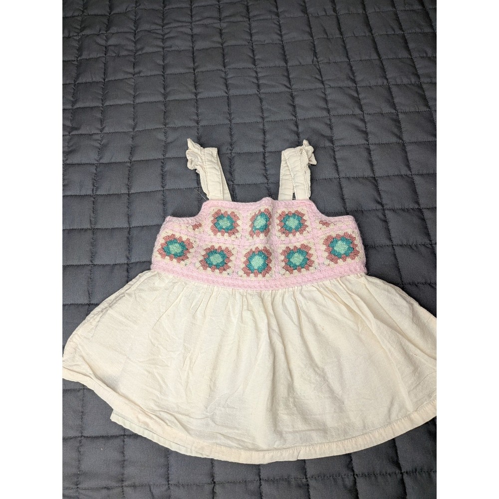 Haute Hippie Kids Crochet Granny Square Swiss Dot Ruffle Strap Top Cream 24M